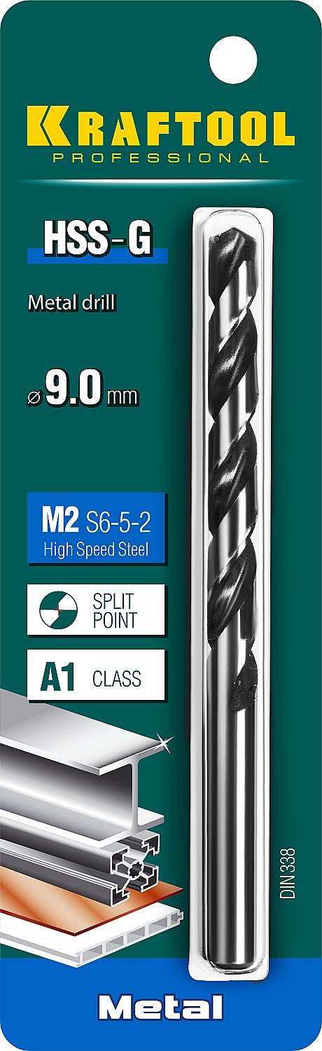 KRAFTOOL HSS-G, 9.0 х 125 мм, сталь P6M5, сверло по металлу (29651-9)