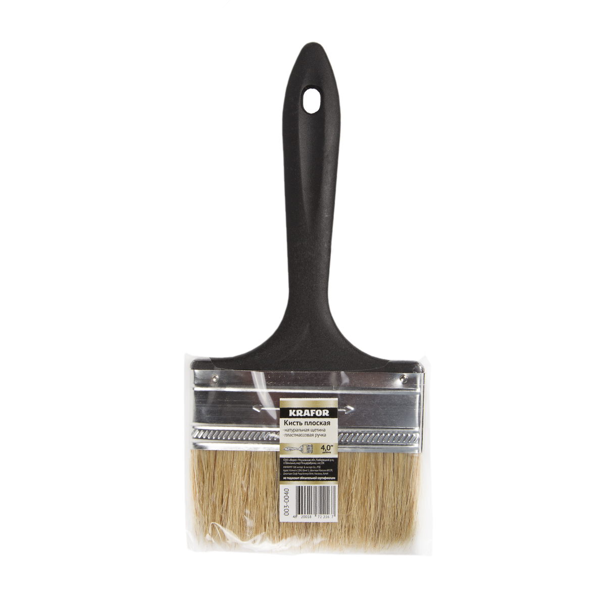Кисть плоская №4 /100 мм  (12/240) натур. щетина, пласт.ручка "krafor" 003-0040