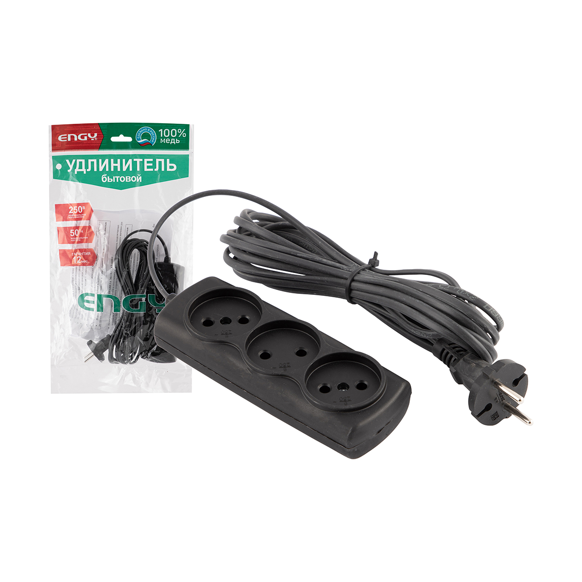 Удлинитель "engy эконом"  5 м, 3 розетки (шввп 2 х 0,75), черный (1/50)