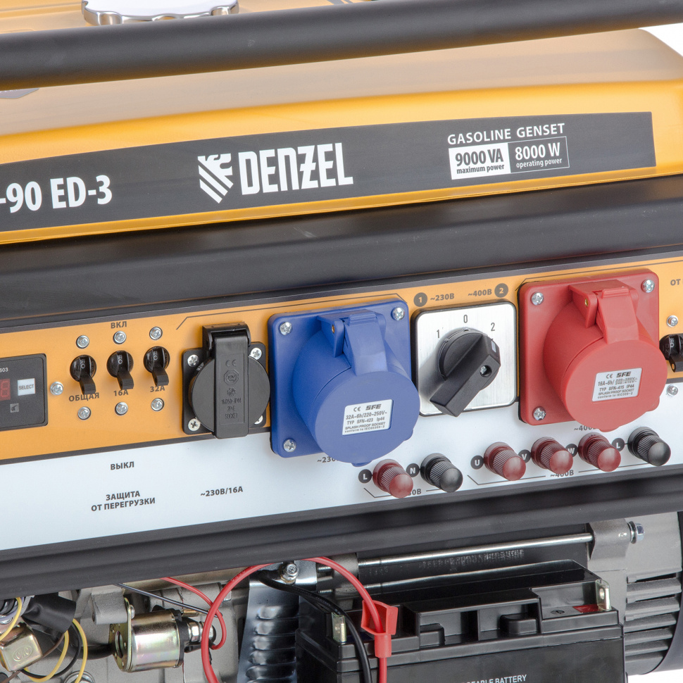 Генератор бензиновый PS 90 ED-3, 9.0 кВт, переключение режима 230 В/400 В, 25 л, электростартер Denzel (946944)