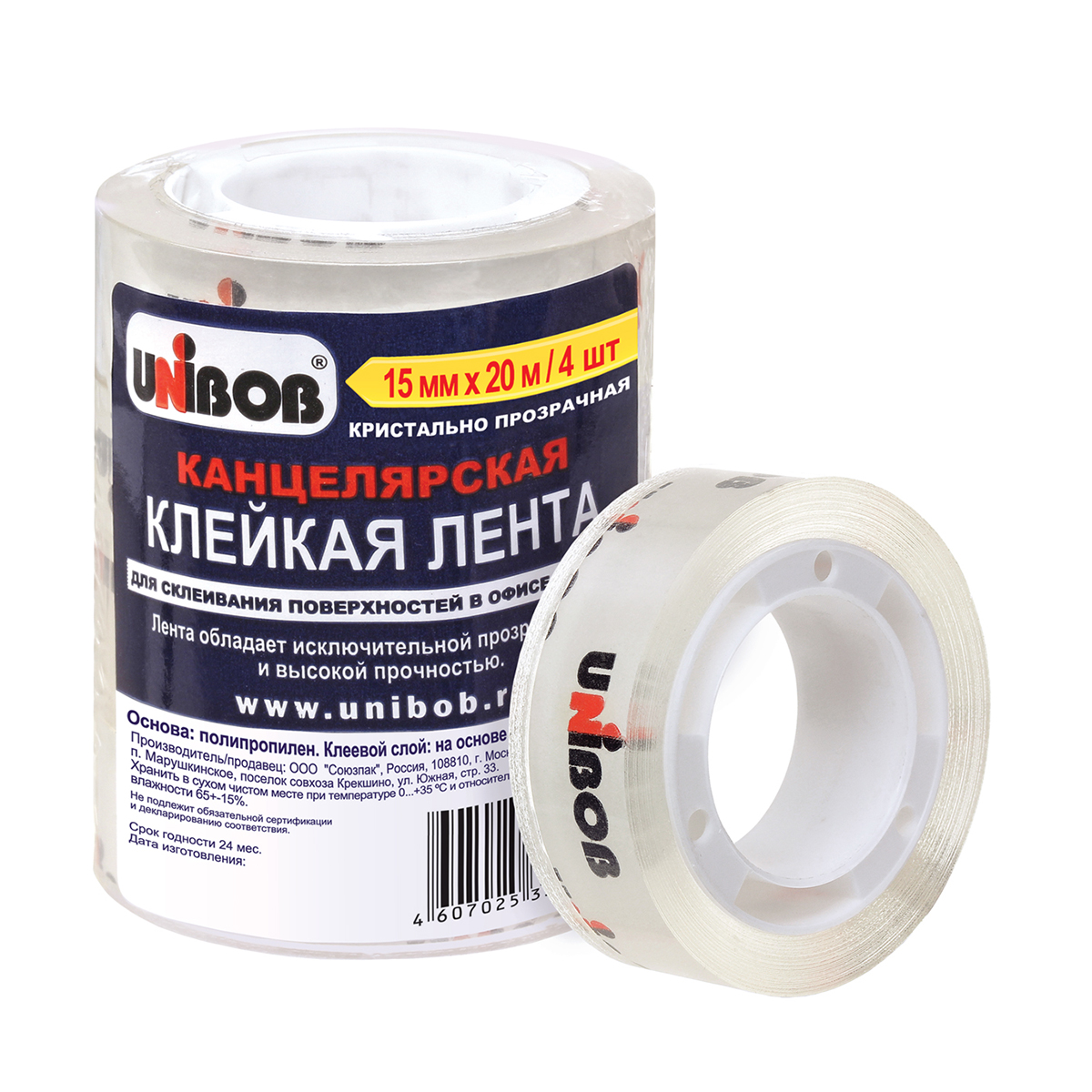 Скотч канцелярский "unibob" 15 мм х 20 м  (прозрачный) упак. 4 штуки (1/84)