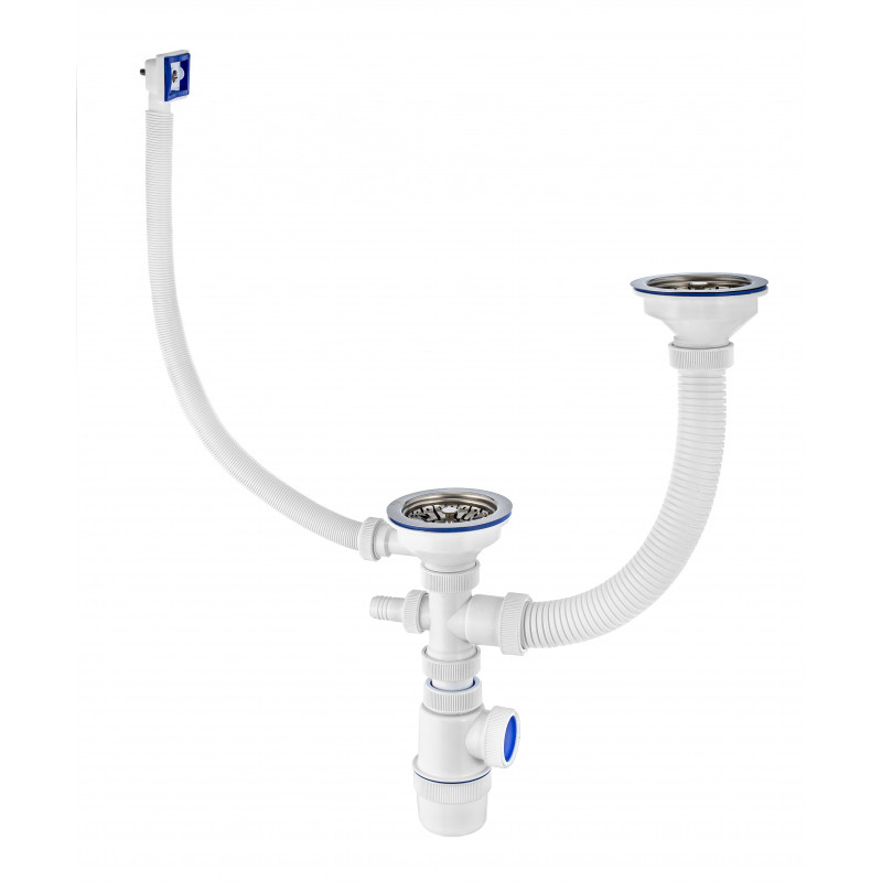 Сифон Элит 1 1/2 х 40 мм для двойной мойки с нерж. чашками D114 мм, с отводом и с прямоуг.пер. L300