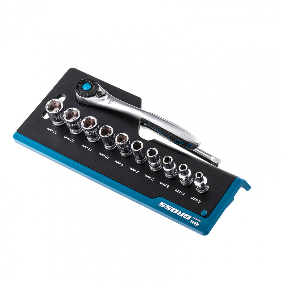 Набор торцевых головок, трещотка 120 зубьев, 12 предметов, 1/4", CrV Gross (14141)