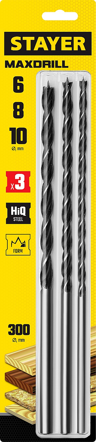 STAYER Maxdrill, 3 шт: 6-8-10 х 300 мм, набор сверл спиральных по дереву (2943-300-H3)