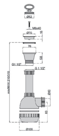 Сифон "Obri" для мойки с нерж. решеткой 1"1/2х40мм M0467 MIANO