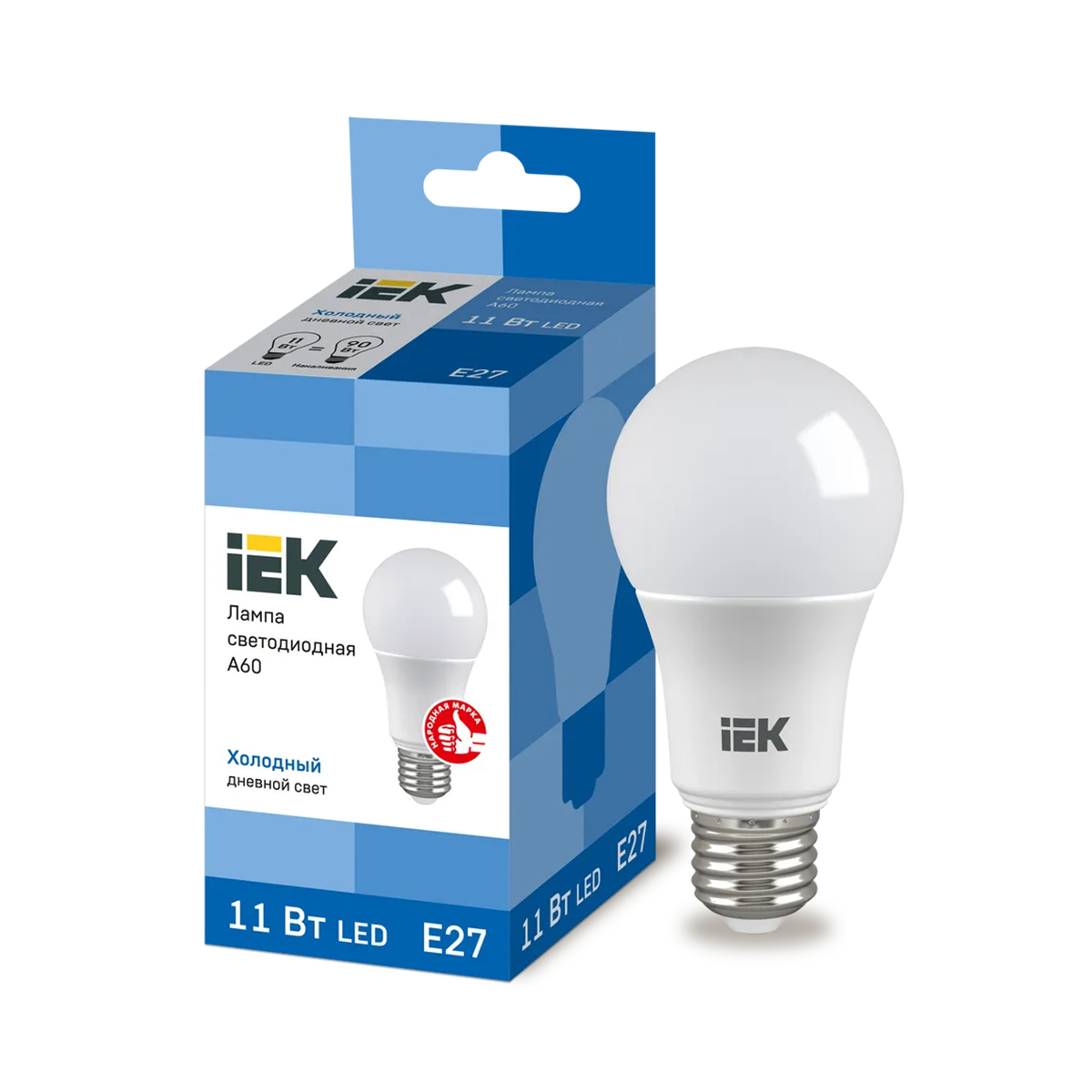 Лампа светодиодная (led) "iek" a60 шар 11w 6500 к e27, холод. свет (10/100)