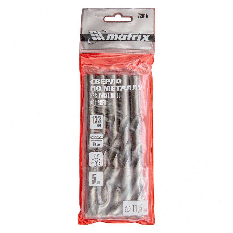 Сверло по металлу, 11.5 мм, полированное, HSS, 5 шт, цилиндрический хвостовик Matrix (72015)
