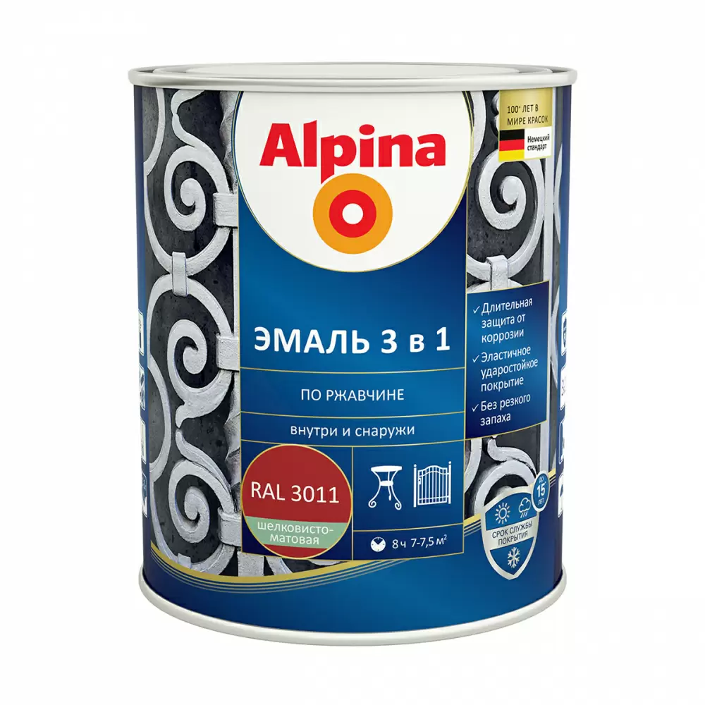 ALPINA Эмаль алкидно-уретановая по ржавчине 3 в 1, RAL 3011 красно-коричневый (0,75л)