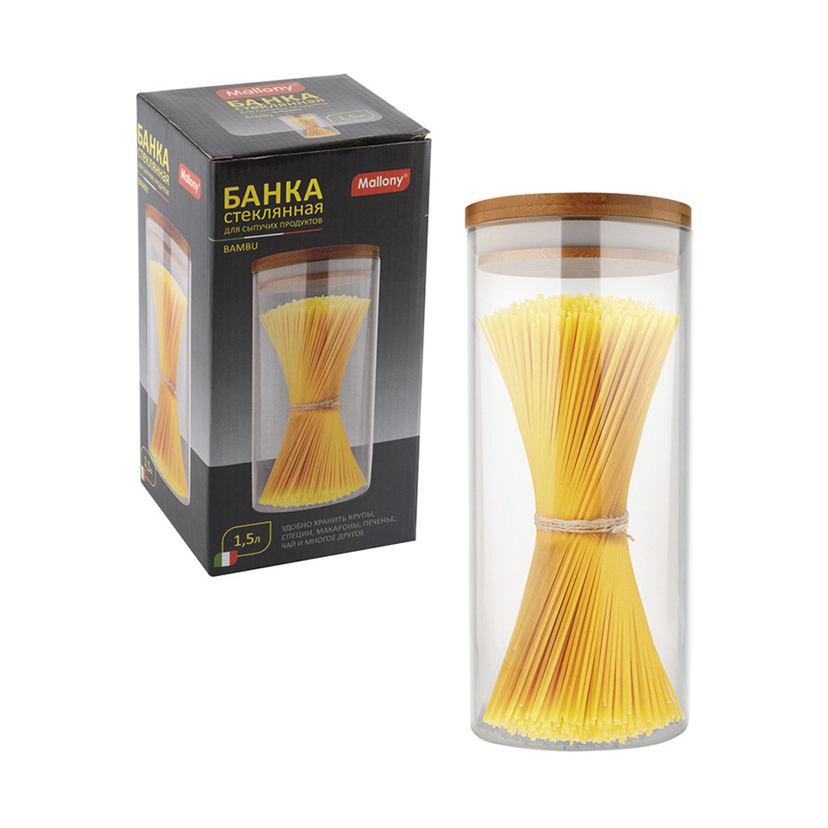 Банка для сыпучих продуктов "bambu" 1,5 л стекло, крышка бамбук (1/30) "mallony"