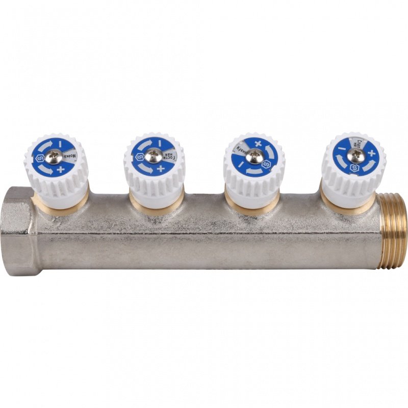 Коллектор 1" STOUT с вентилями на 4 выхода 1/2"