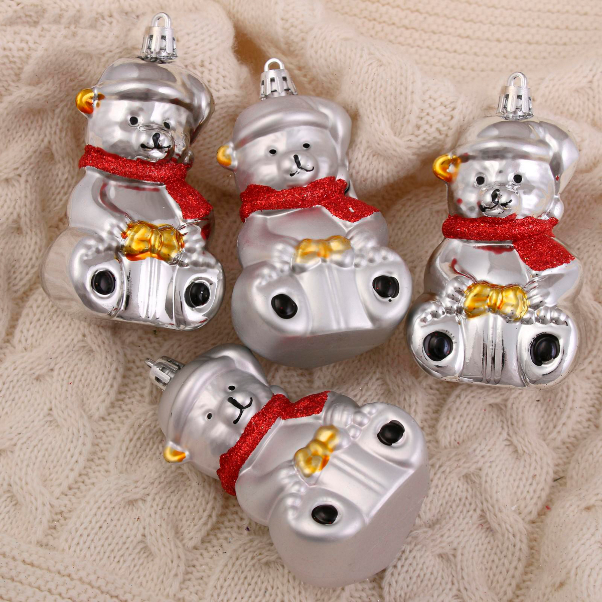 Украшение новогоднее "мишка в шарфике" (набор 4 шт.) 5,5*8 см, серебро "зимнее волшебство" 4942041