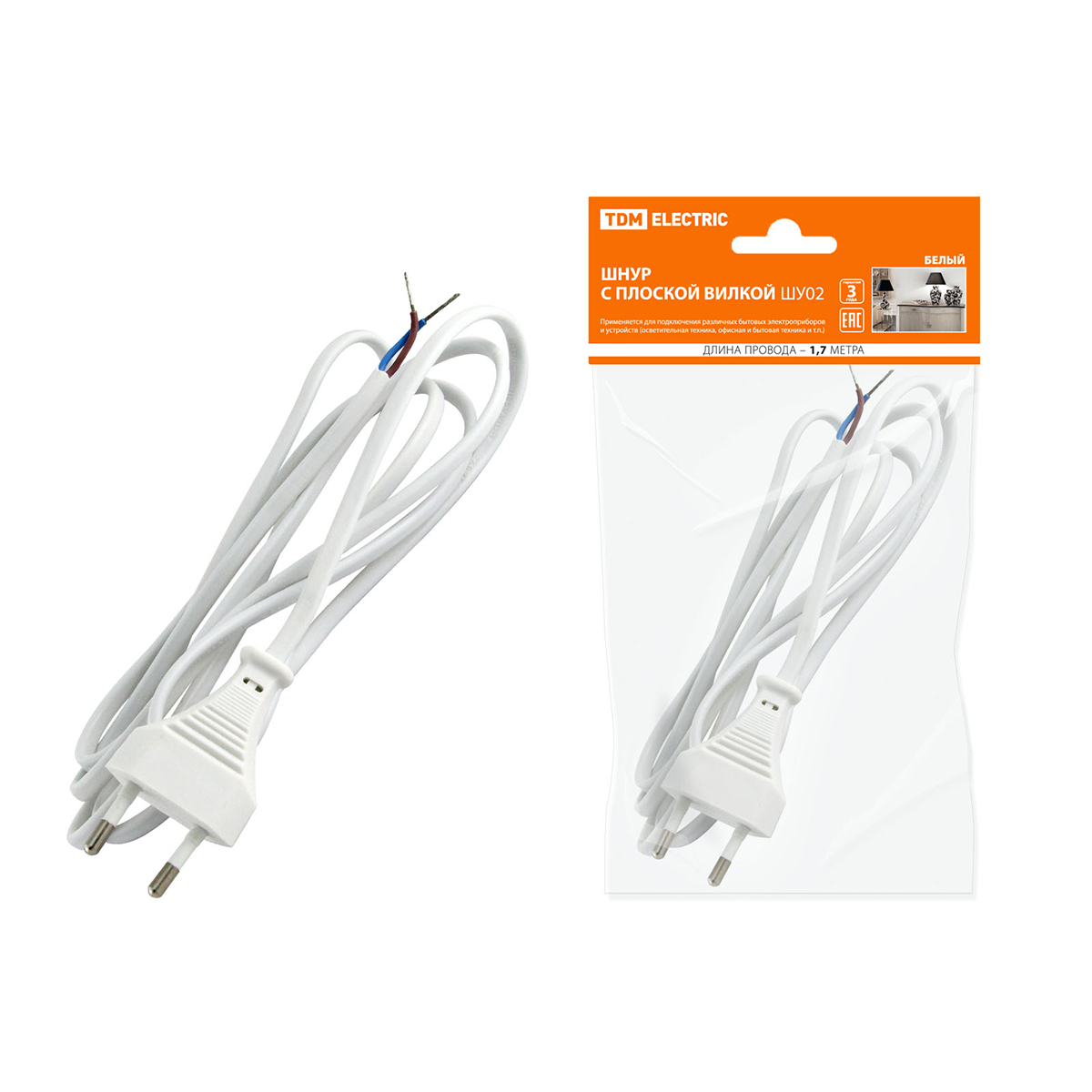 Шнур шу02 шввп 2 х 0,75 мм² 1,7 м, плоск. вилка, белый (1/10/80) tdm sq1305-0011