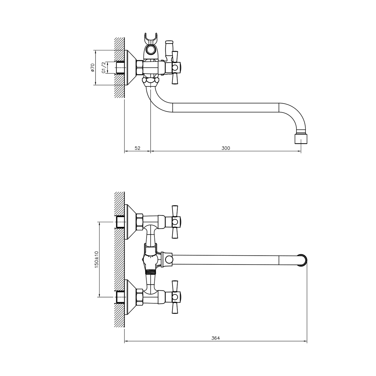 Смеситель для ванн dr51045-black двухвентильный, поворот. излив 300 мм (черн/хром) (1/12) "decoroom"