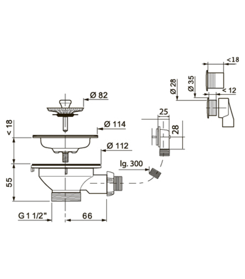 Выпуск чаша для мойки с нерж.чашкой D90 мм с двумя переливами в комплекте (круглый и прямоугольный)