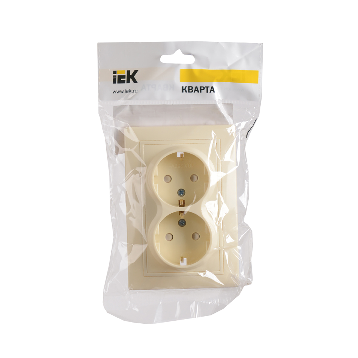Розетка "кварта" 2-х местн. с заземл, с шторк. рсш12-3-км, 16а (керам.) кремовый (1/10/100) "iek"