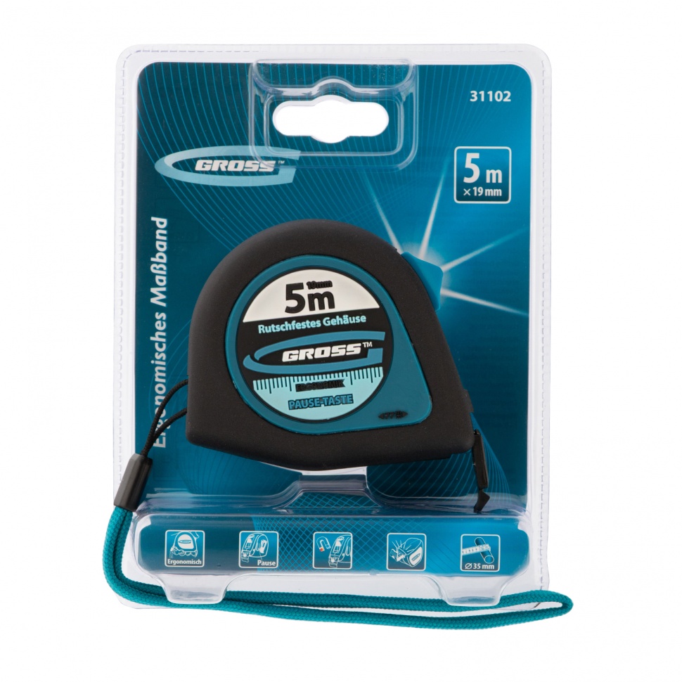 Рулетка "Ergonomisch", 5 м x 19 мм, магнитный обрезиненный зацеп Gross (31102)