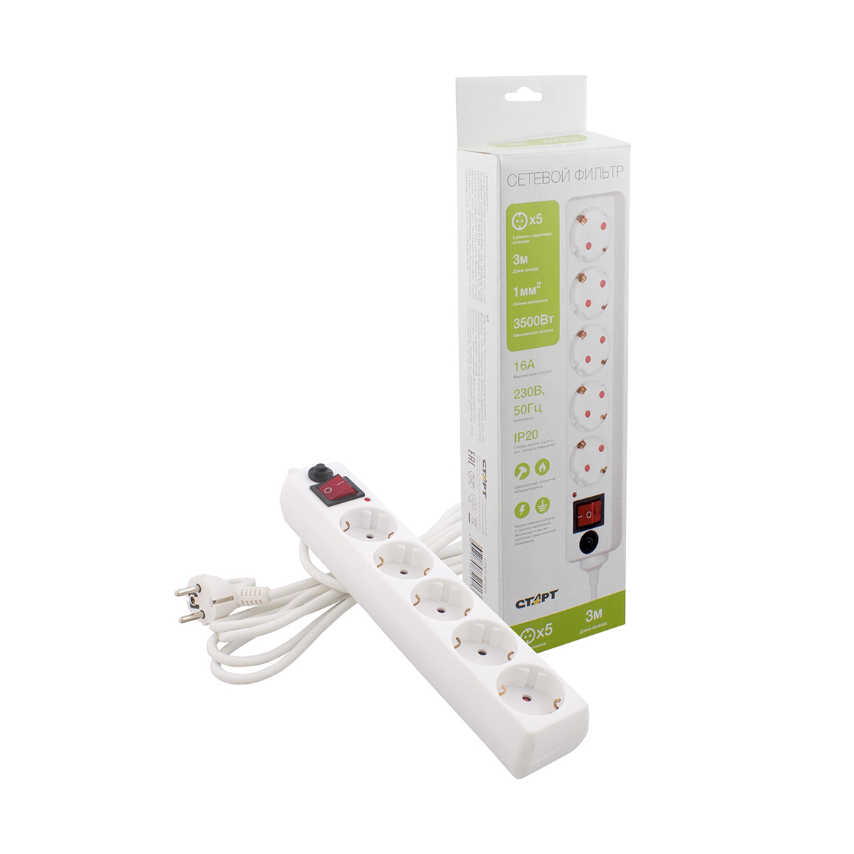 Фильтр сетевой с заземл. и выключ. 3 м 5 розеток с/уд-ф sp 5x3 (1/20) "старт"