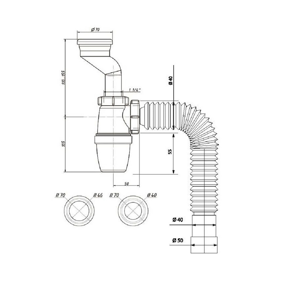 Сифон для писсуара 1 1/4" х 40 мм с манжетами 40/46 мм, с гофротрубой 800 мм (1/30) "wirquin"