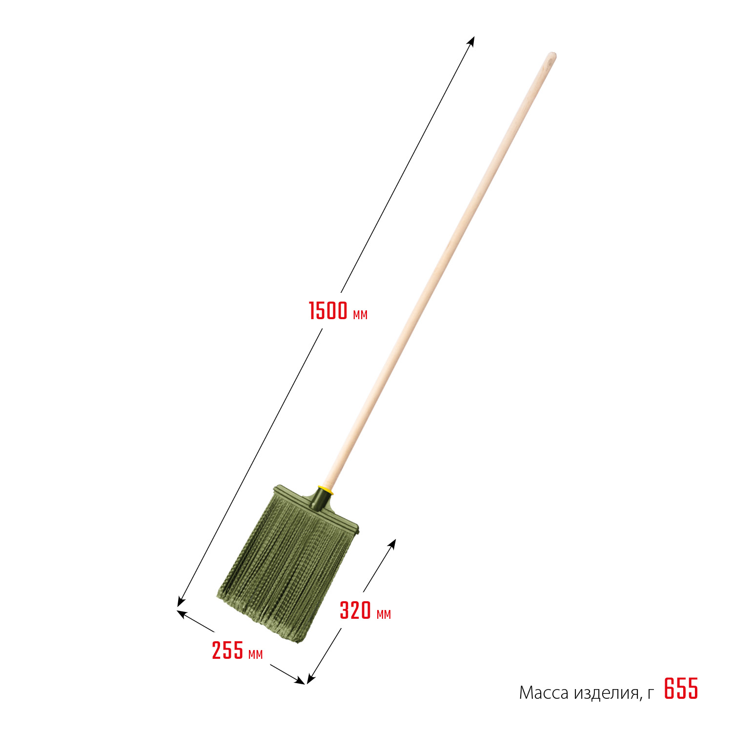 СИБИН 320 х 255 мм, распушенная,гибкая, полипропилен, коническое резьбовое соединение, плоская, на деревянном черенке, пластиковая метла (39224-1)