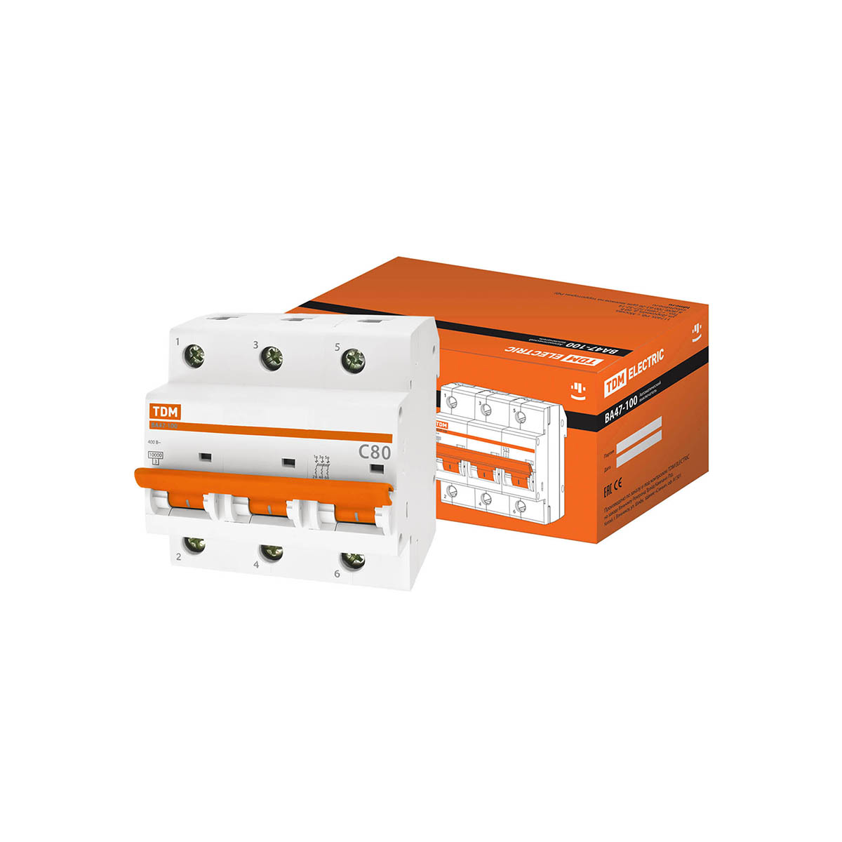 Выключатель автомат. ва47-100 3р 80а 10ка тип с (1/24) tdm sq0207-0076