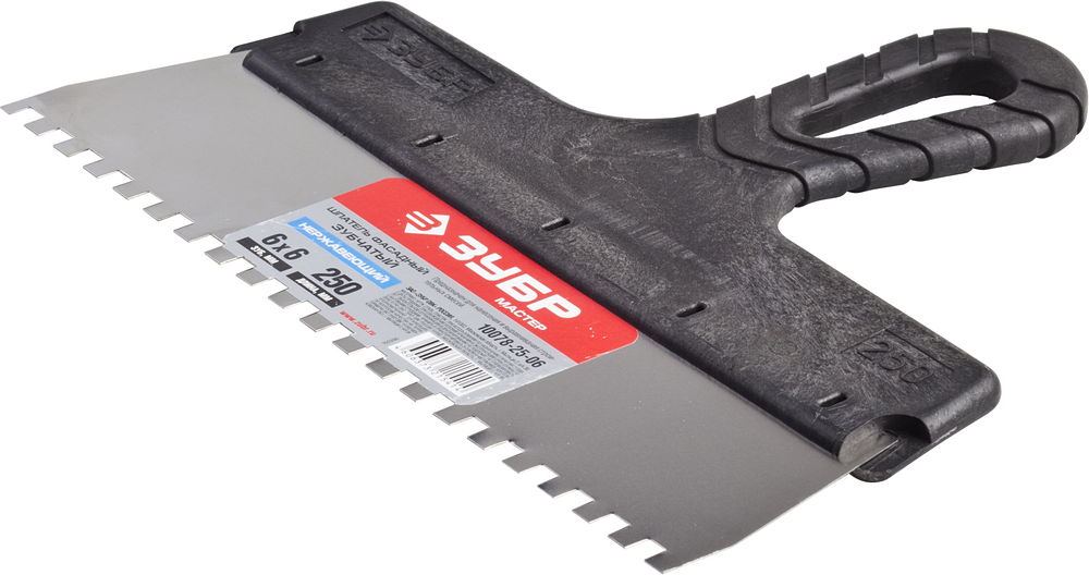 ЗУБР 250 мм, зуб 6 х 6 мм, зубчатый пластиковая ручка, нержавеющий, фасадный шпатель (10078-25-06)