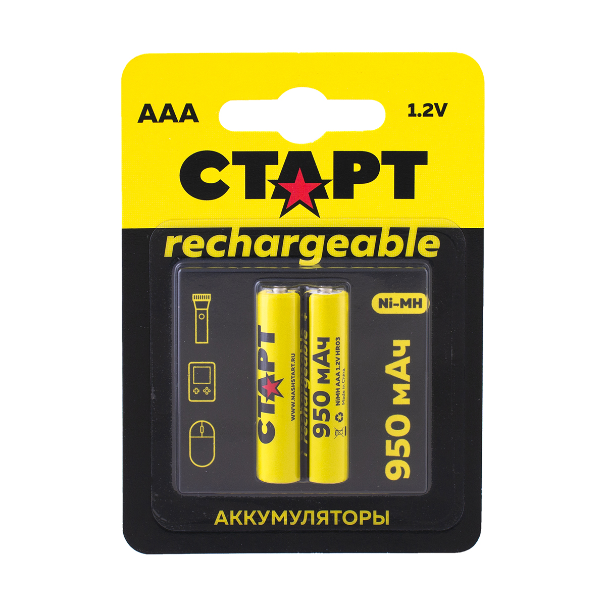 Аккумулятор "старт" hr03 aaa nimh-bl2  тип ааа, 950 мач (2 шт. в блистере) (10/100)