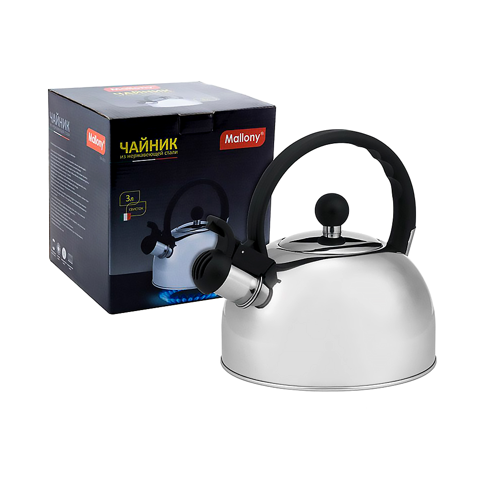 Чайник нержав. 3 л со свистком, полиров., ручка бакелит.(1/6) "mallony" dja-3033