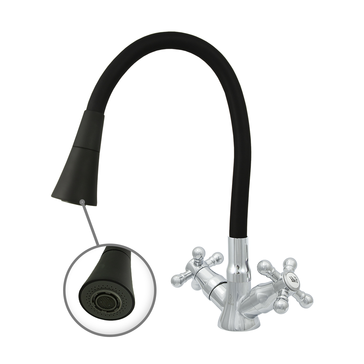 Смеситель для кухни "стандарт" цс-см 25ш к м_крест bell елочка гибк. излив, двухвент.(черный) (1/10)