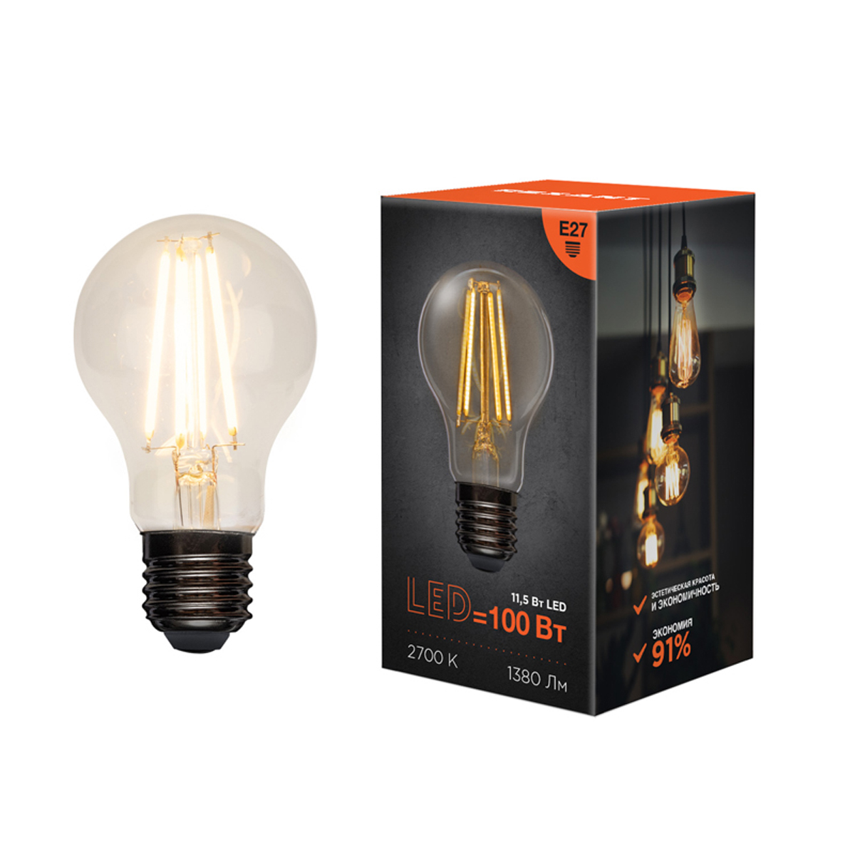 Лампа филаментная "rexant" груша a60  11,5w 2700 k 1380 лм  e27 (прозрачн.) (10/100) 604-076