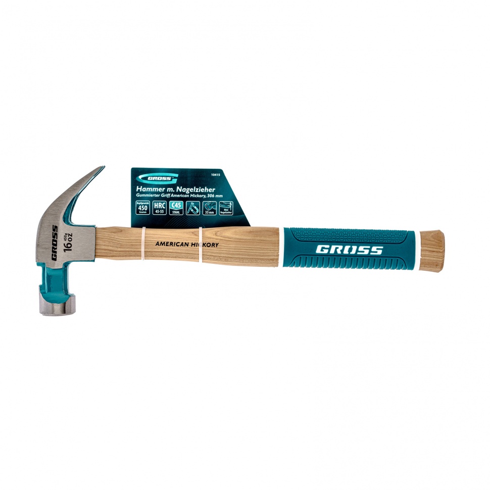 Молоток-гвоздодер, 450 г, угол 45, магнит, обрезиненная рукоятка American hickory GROSS (10415)