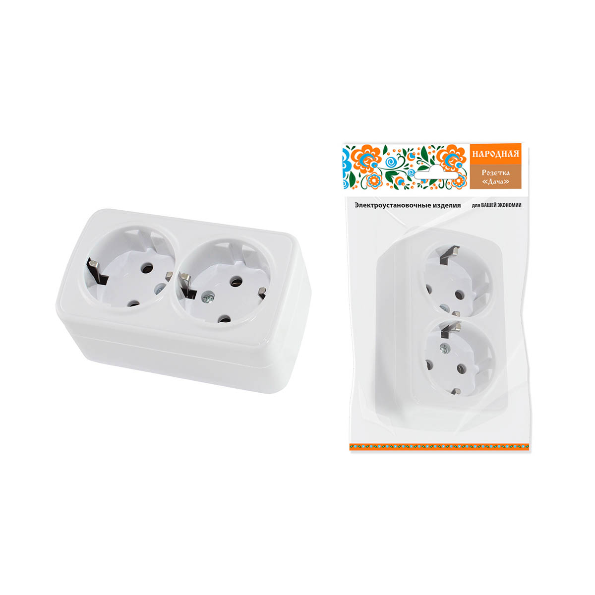 Розетка двойная с заземл. откр. уст. 16а 250в ip20 "дача", белая (1/8/80) народная sq1824-0010