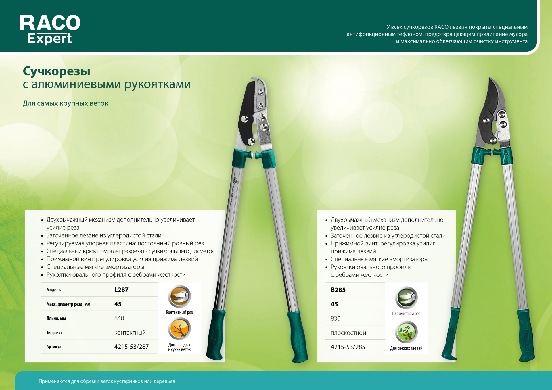 L287 контактный двурычажный сучкорез, с алюминиевыми рукоятками, RACO