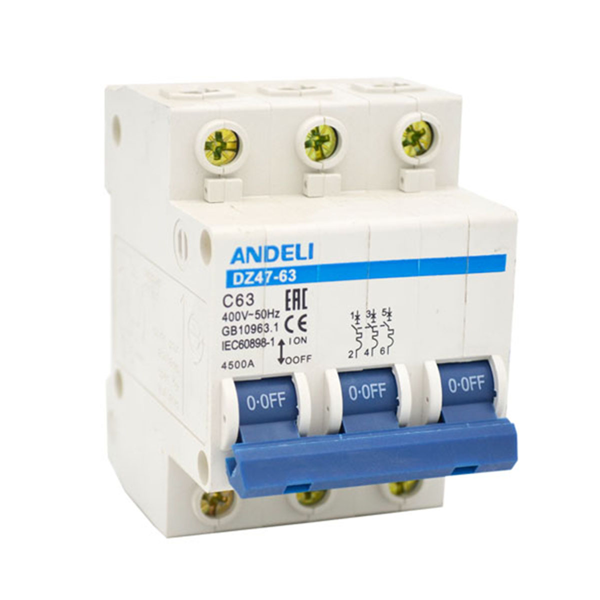 Выключатель автомат. dz47-63 3p 63a 4,5ka тип c (1/4/80) "andeli"