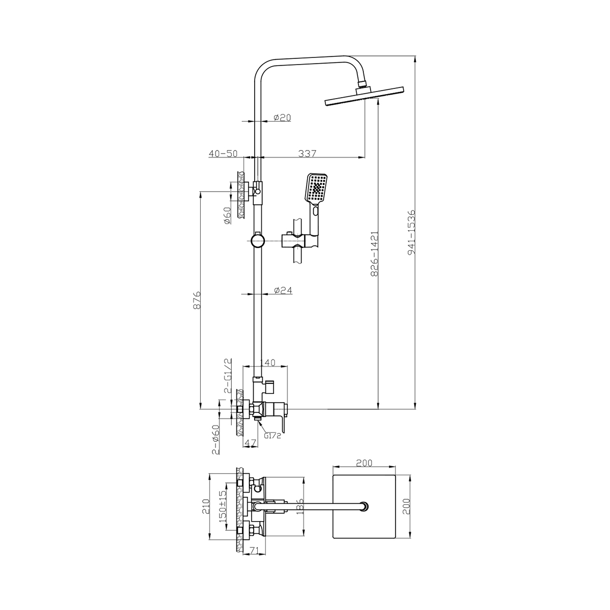 Душевая система  rs50-45 термостат., верхн. душ "тропич. дождь" (1/4) "rossinka"