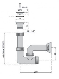 Сифон "ревизия" для мойки с нерж. решеткой 1"1/2х40мм D=70мм +фильтр+адаптер M0478 MIANO