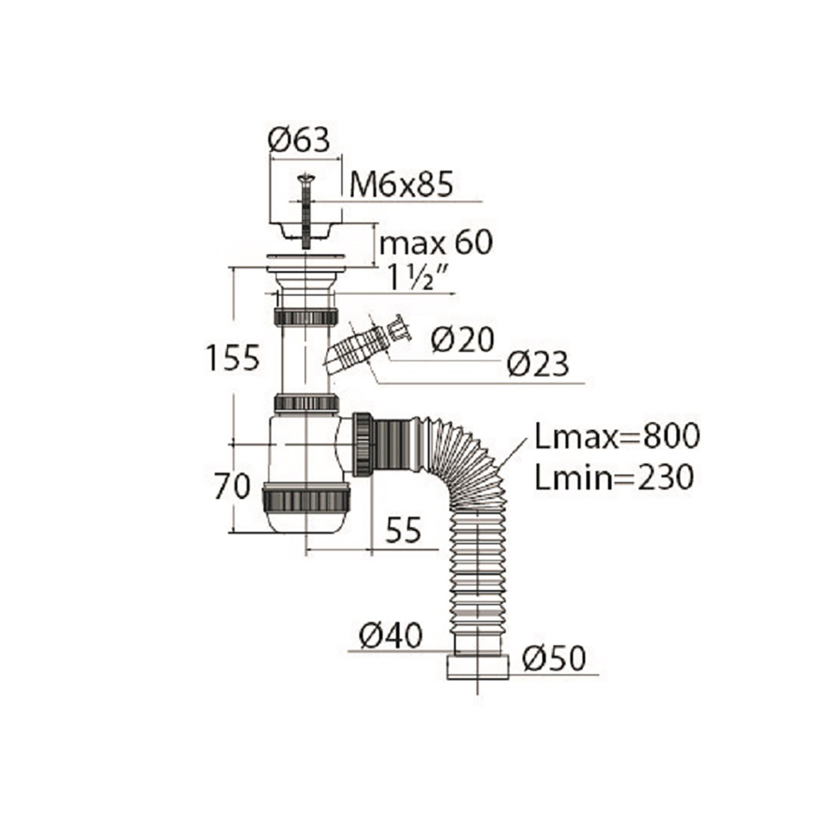 Сифон "элит мини" с нерж. чашкой 63 мм с отводом и гофротрубой 800 мм (1/30) "вирпласт"
