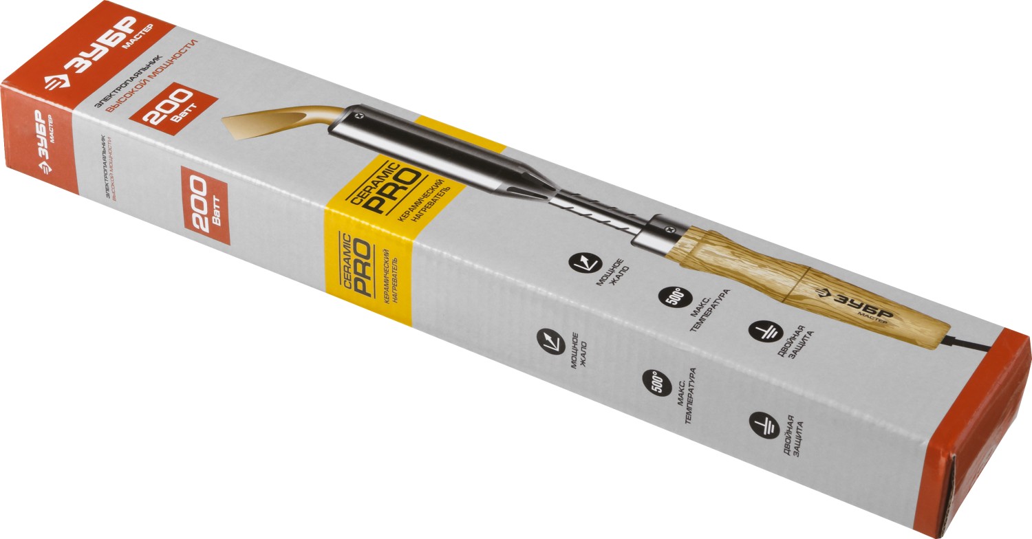 ЗУБР Ceramic PRO, 200 Вт, клин, высокомощный электропаяльник с деревянной рукояткой (55303-200)