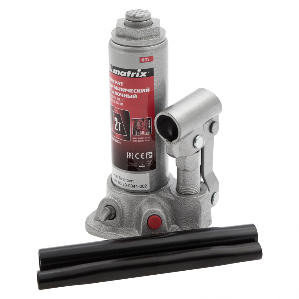 Домкрат гидравлический бутылочный, 2 т, высота подъема 181-345 мм Matrix (50715)