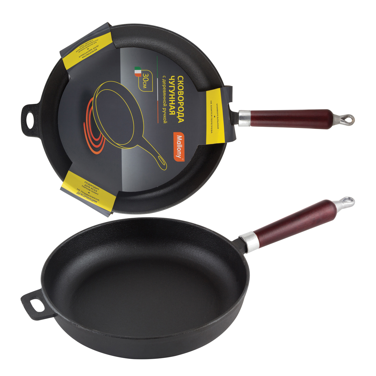 Сковорода чугунная 30 см ручка дерев. (1/4) "mallony"  cif30-w