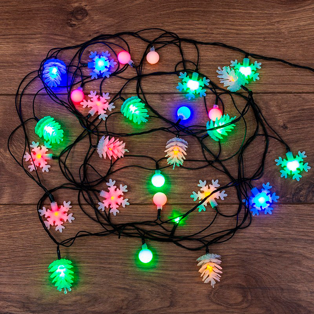 Электрогирлянда 4,4 м с насадками (шарики, снежинки, елочки) разноцв. (1/60) "neon-night" 303-064