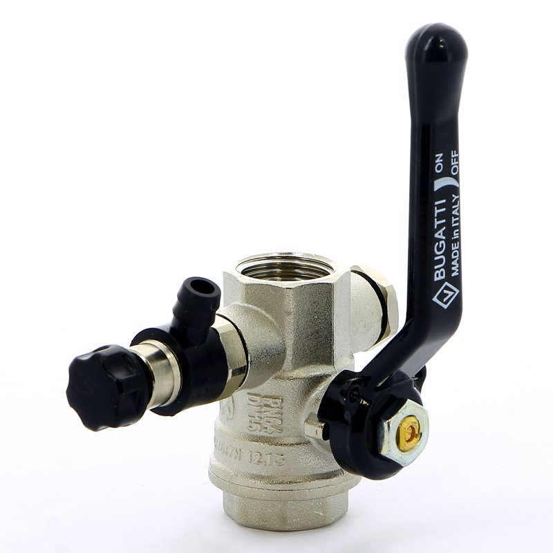 Кран шаровый BUGATTI OREGON 1/2" ВВ ручка с заглушкой 1/4" и дренажным вентилем