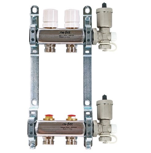 Колл. группа 1"x3/4" ЕК 2 выхода UNI-FITT с вентилями и воздухоотводчиками - нерж.сталь