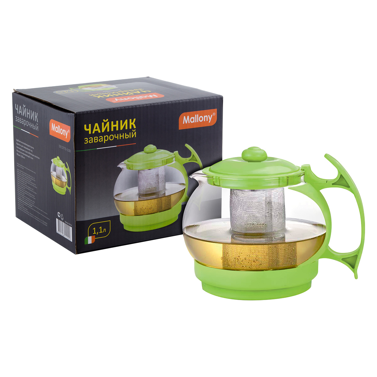 Чайник завар. стекло "decotto -1100" 1,1 л пластик ручка, фильтр нержав. (зеленый) (1/24) "mallony"