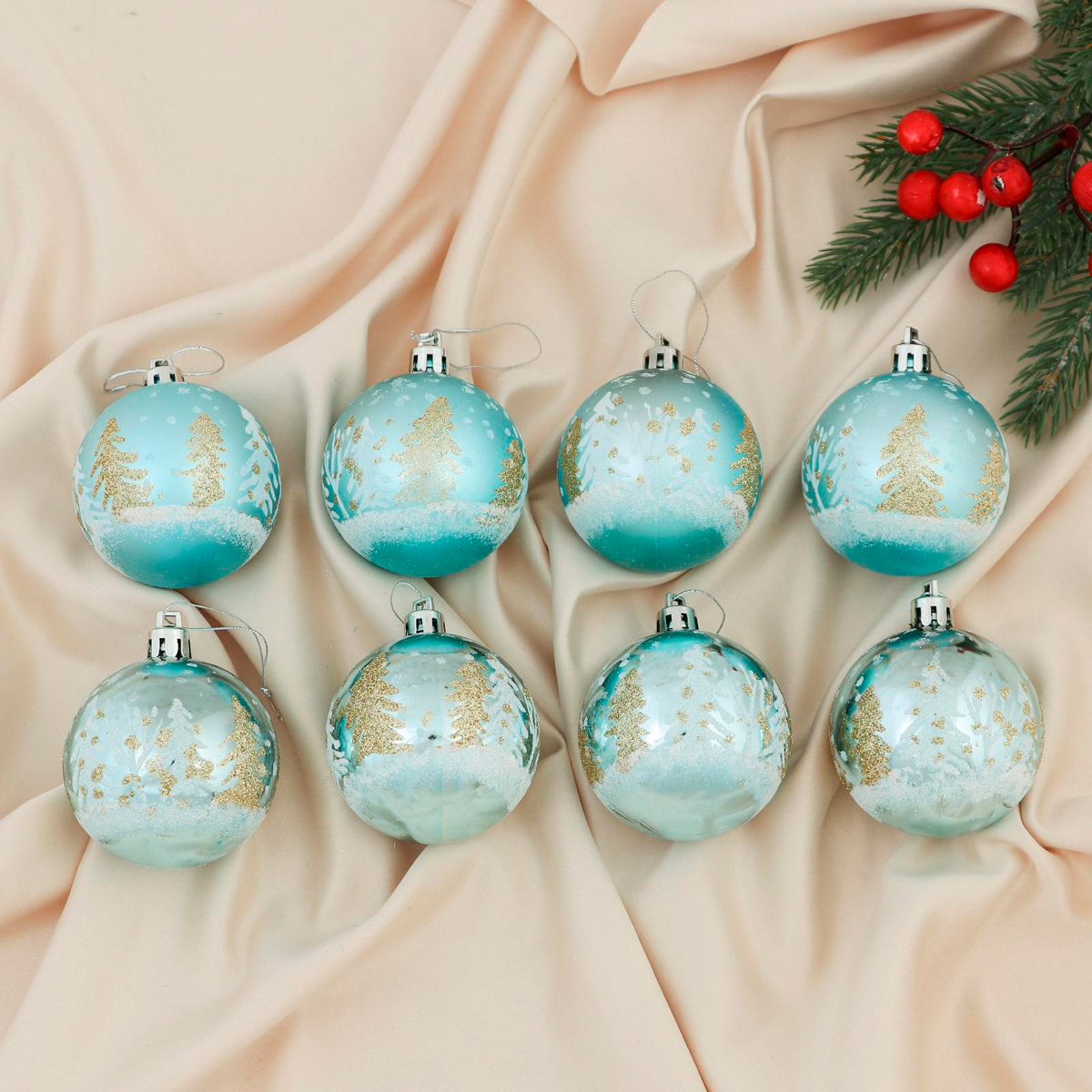 Шары новогодние d-6 см (набор 8 шт.) "снежные елки" голубой "зимнее волшебство" 4196470