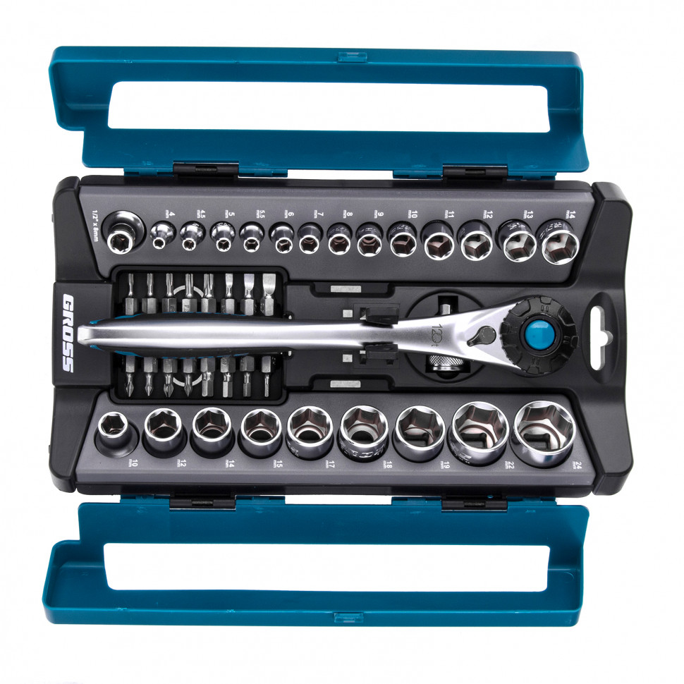 Набор торцевых головок, трещотка 120 зубьев, 41 предмет, 1/2", 1/4", CrV Gross (14143)