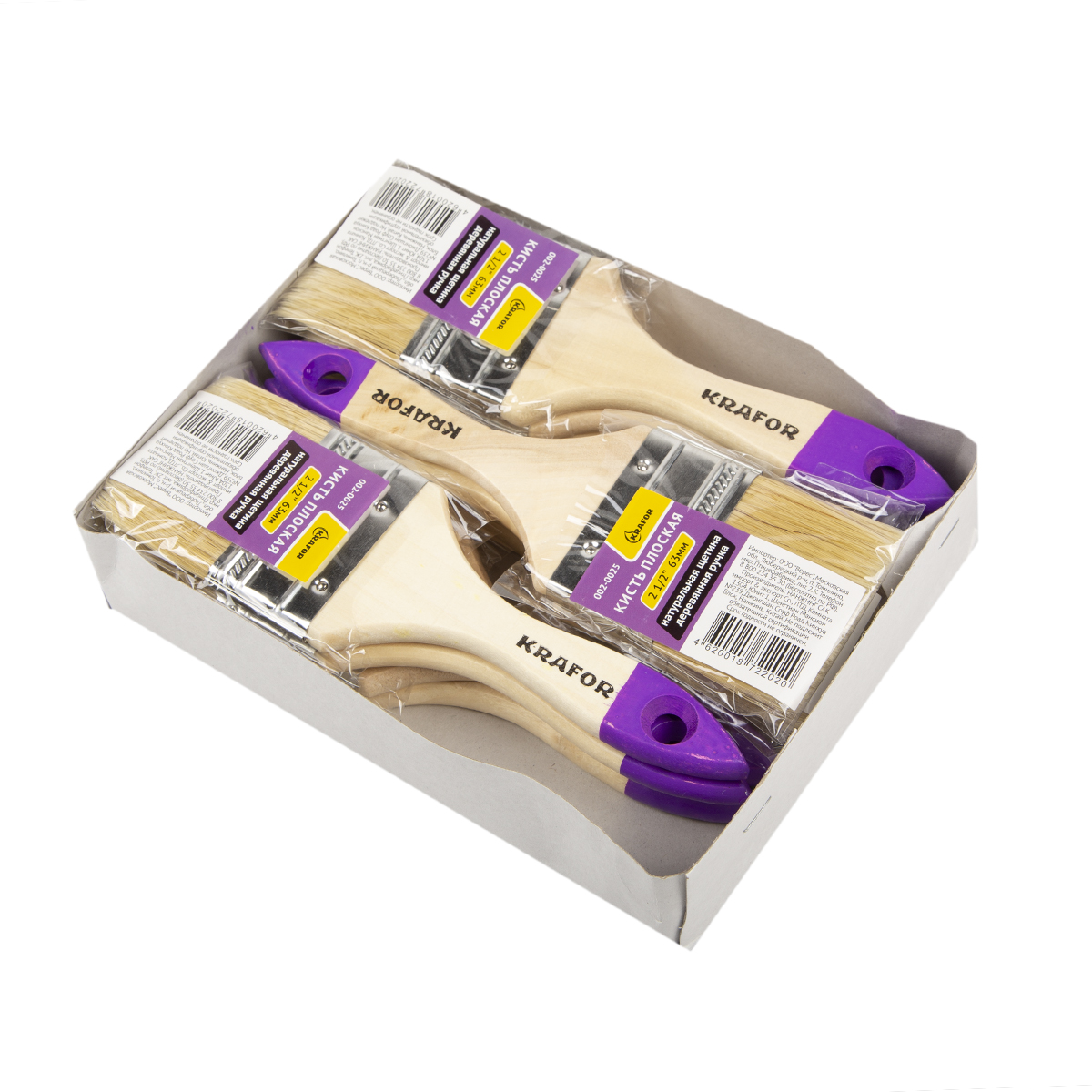 Кисть плоская  №2,5/63 мм  (12/480) натур.щетина, дерев.ручка "krafor" 002-0025