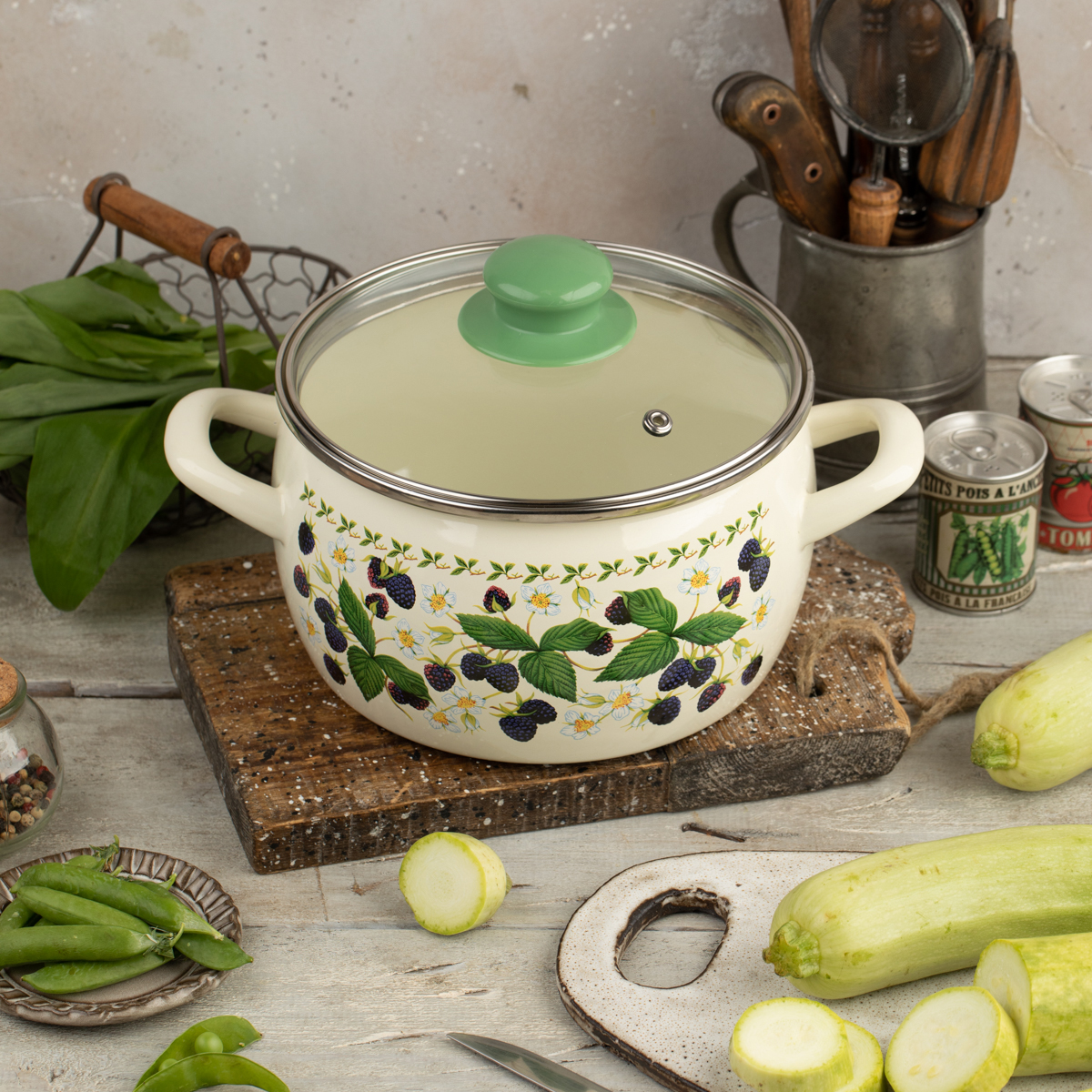 Кастрюля эмалиров. "ежевика" 5,7 л, 22 см стекл. крышка (1/4) "metrot"