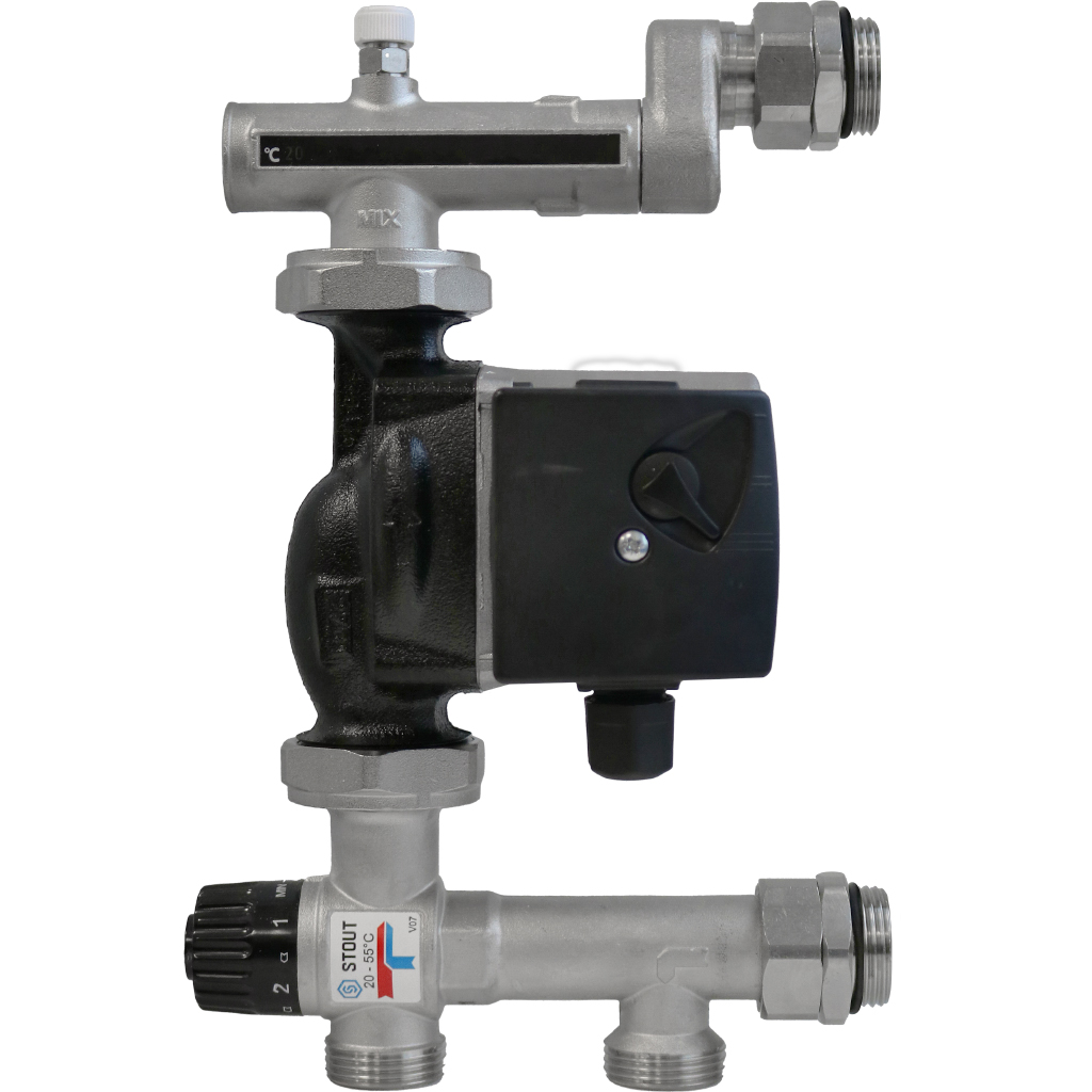 Смесительный узел STOUT 1" с термостатическим клапаном и насосом UPSO, никелированный