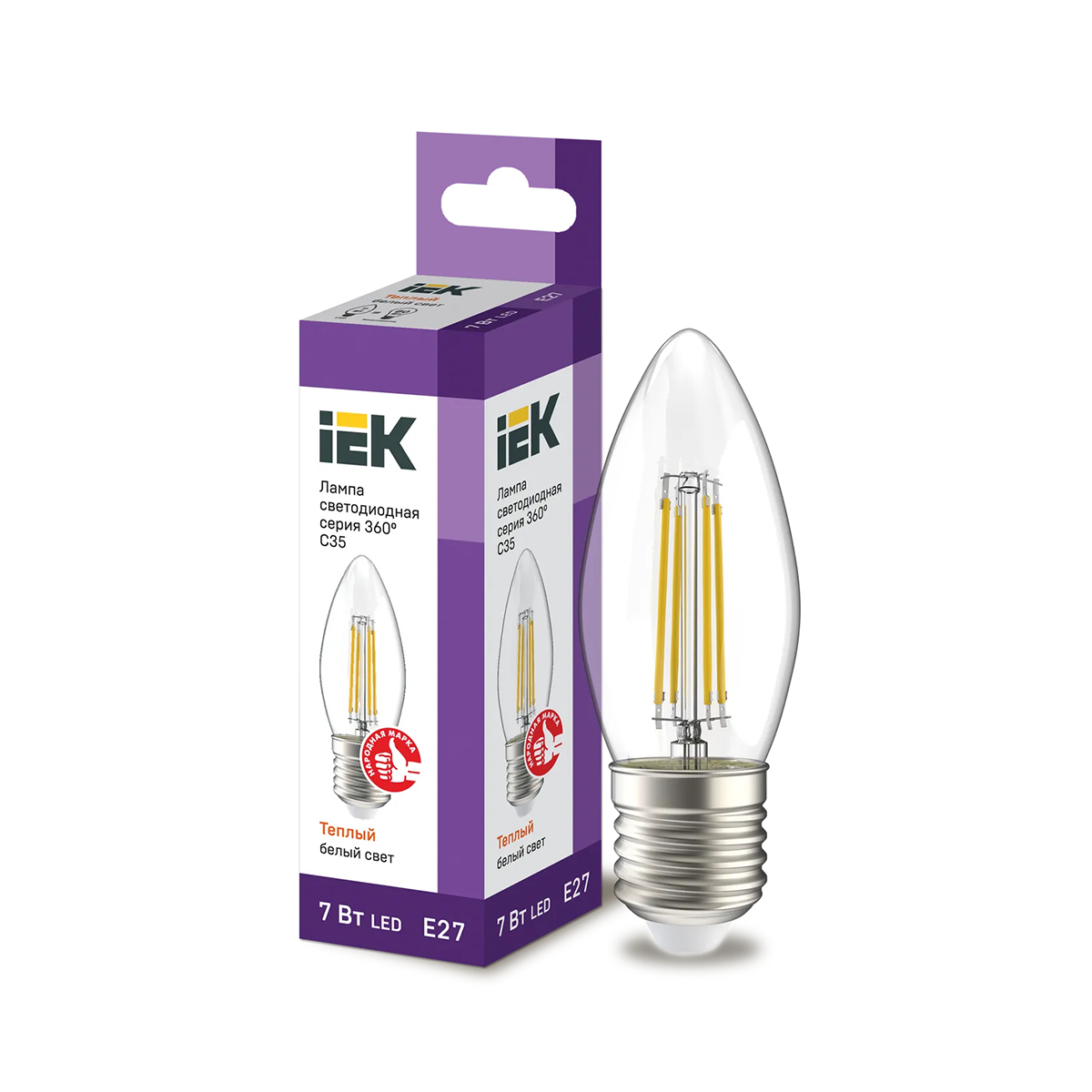 Лампа светодиодная (led) "iek" c35 свеча прозр. 07w 3000 к e27 серия 360°, тепл.свет (10/100)
