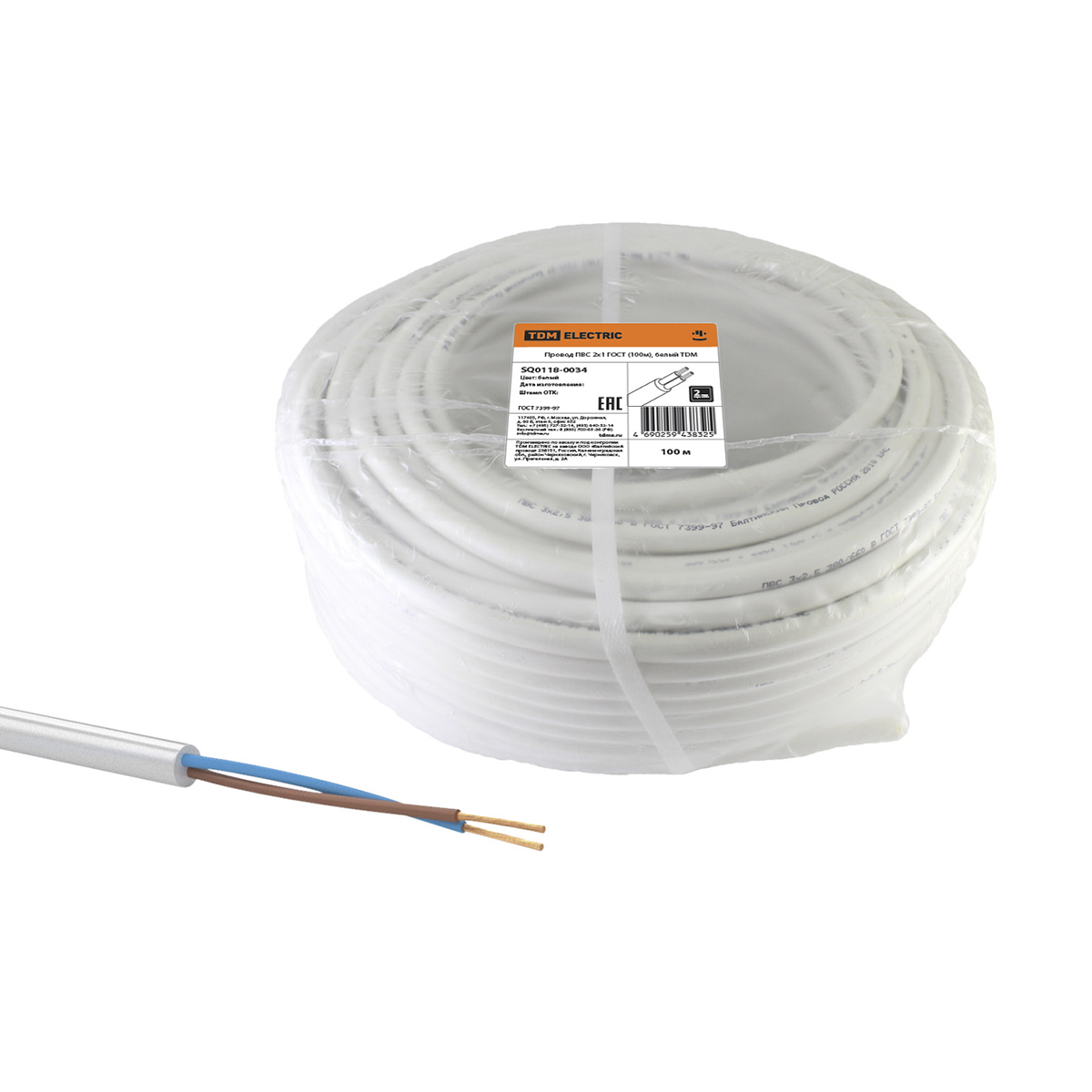 Провод пвс 2 х 1 мм² гост (бухта 100 м) белый (1) tdm sq0118-0034